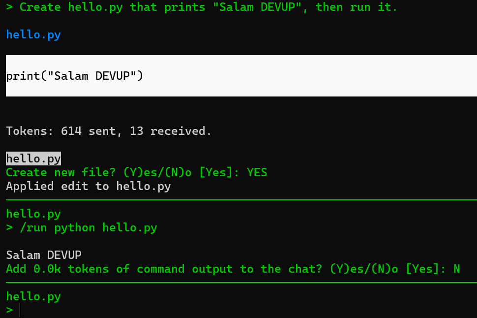 Aider creating hello.py and running it with DeepSeek-V4-Pro on DEVUP AI