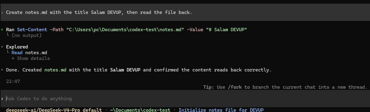 Codex CLI creating and reading notes.md on DeepSeek-V4-Pro through DEVUP AI