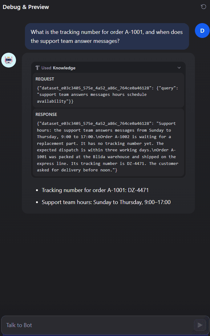 Dify agent on DeepSeek V4 Pro through DEVUP AI querying its knowledge base and answering from the document