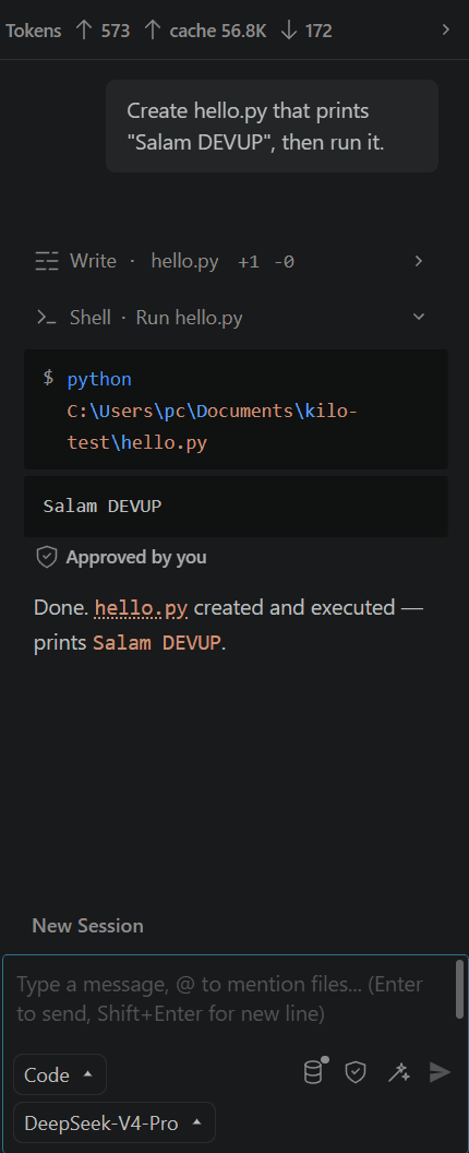 Kilo Code creating hello.py and running it with DeepSeek-V4-Pro on DEVUP AI