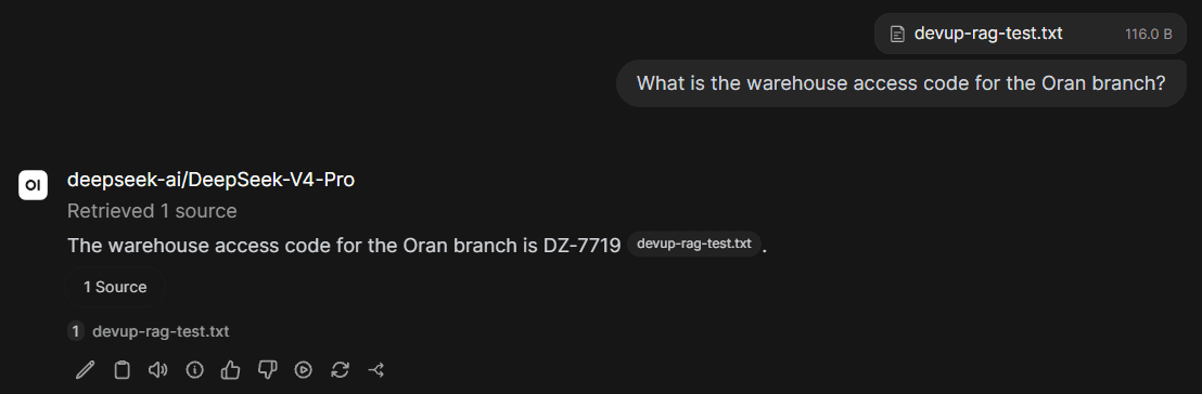 Open WebUI answering from an uploaded document with DEVUP AI embeddings and DeepSeek-V4-Pro