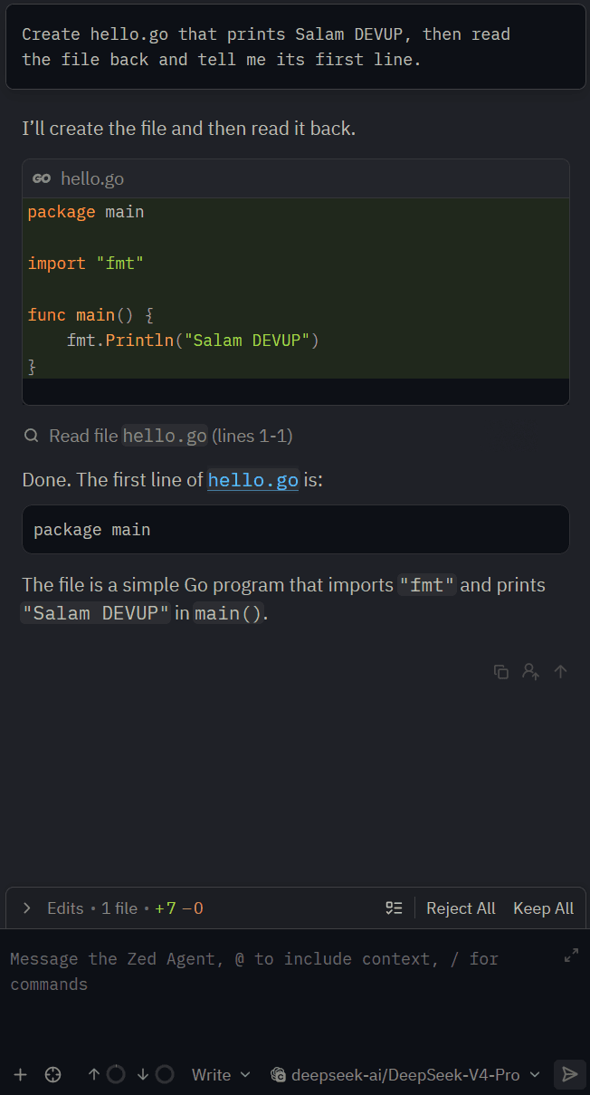 Zed agent creating and reading hello.go through DEVUP AI