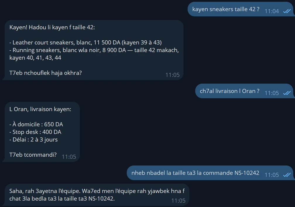 محادثة حقيقية على Telegram مع البوت التجريبي DEVUP Shop Assistant: مخزون المقاس 42، والتوصيل إلى وهران، وطلب تبديل مقاس حُوّل إلى الفريق