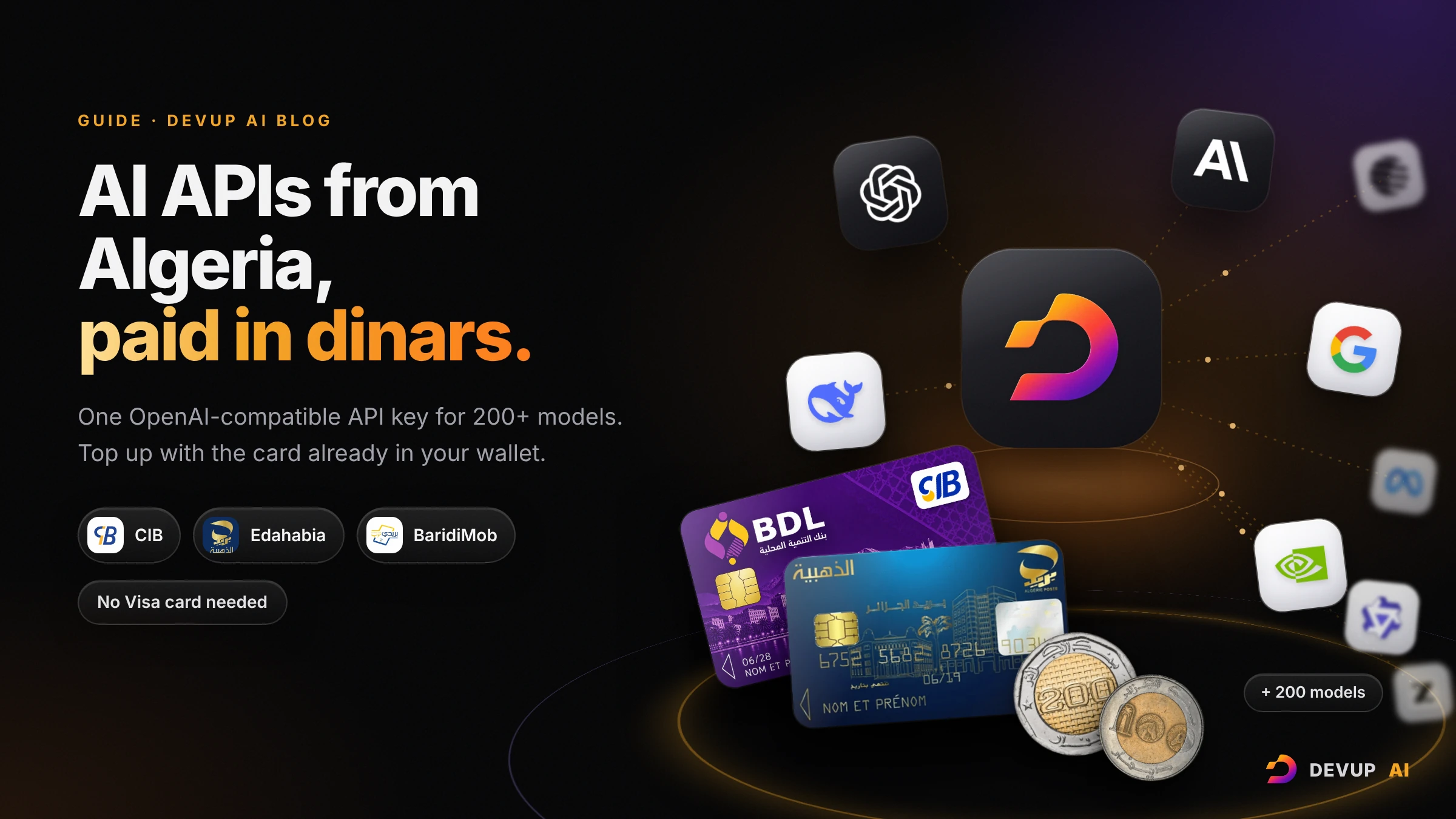 DEVUP AI guide cover: AI APIs from Algeria paid in dinars, with a CIB card, an Edahabia card and dinar coins next to the DEVUP AI logo and AI model logos