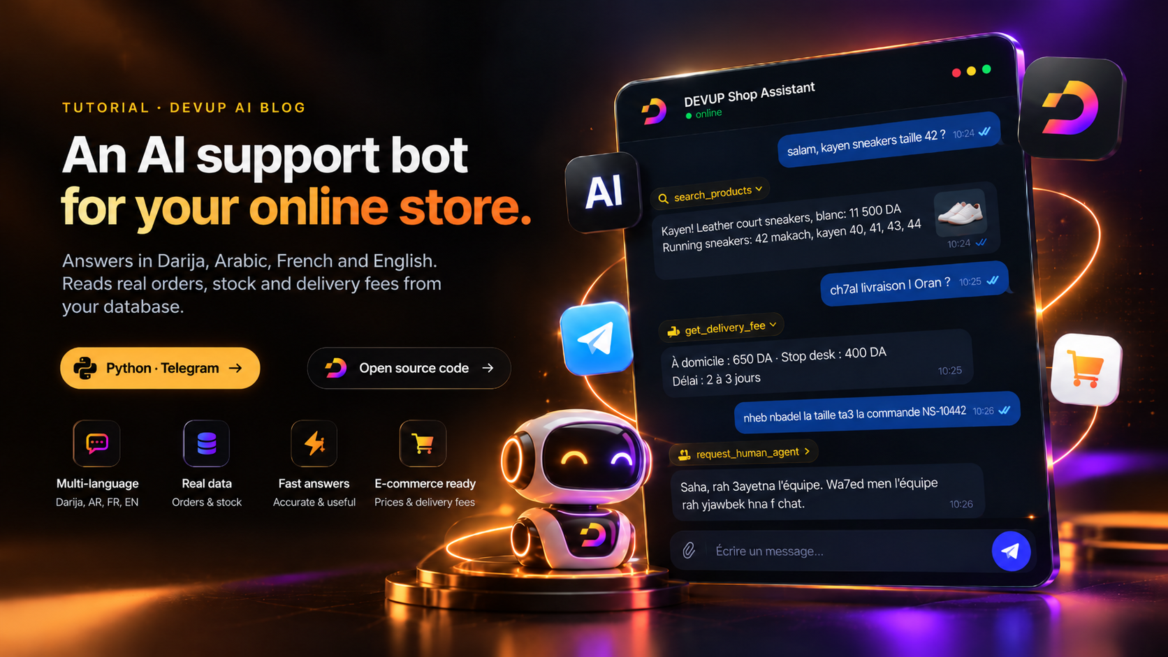 An AI support bot for an online store answering a customer in Algerian Darija, with tool calls for stock and delivery fees
