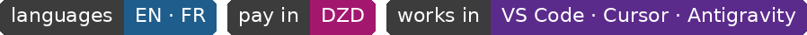 English and Français, pay in DZD, works in VS Code, Cursor and Antigravity
