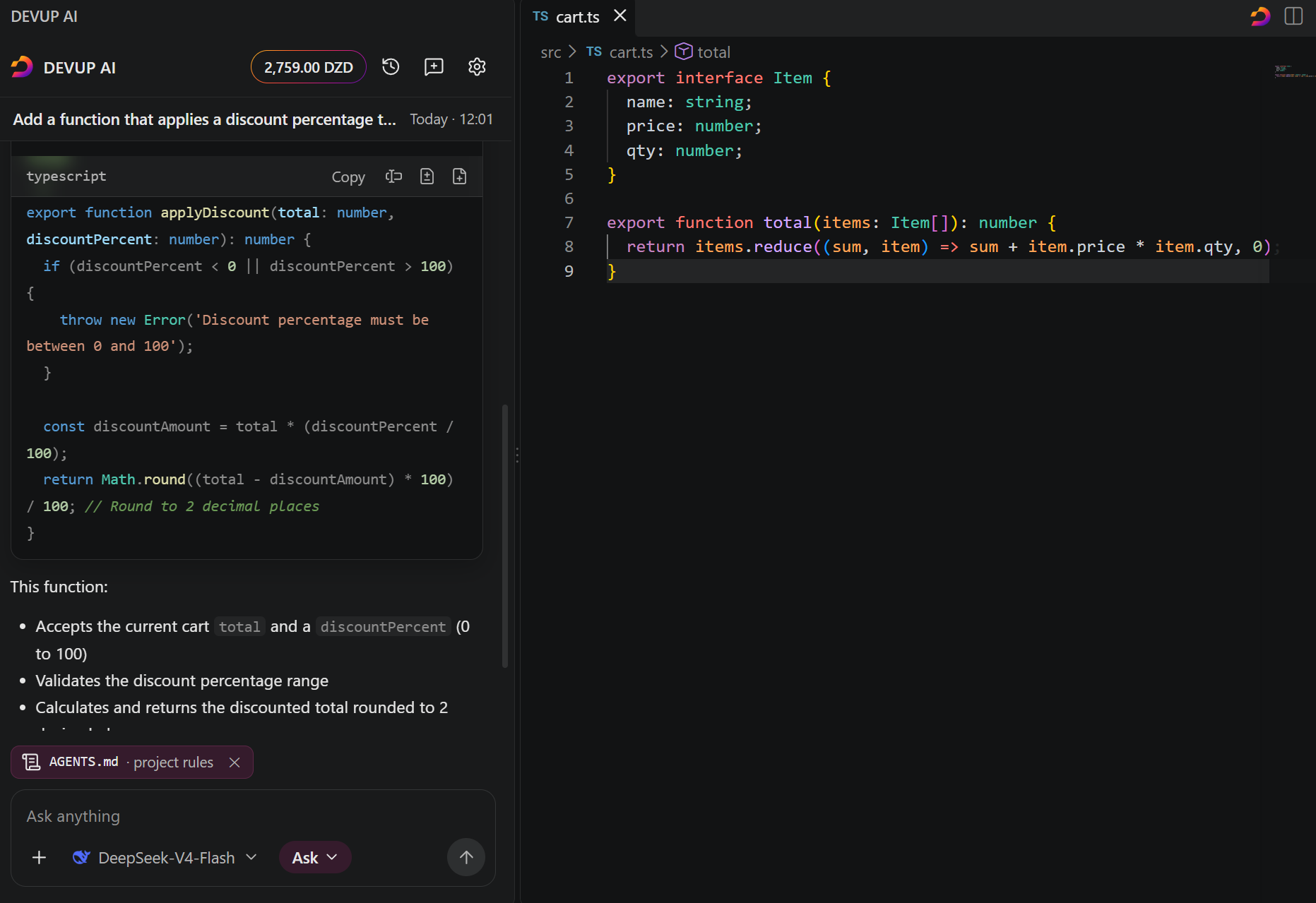 A reply with code, and its Copy, Insert and Apply buttons, in the chat beside the editor