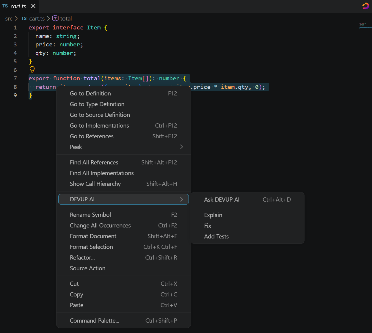 The editor's right-click menu: DEVUP AI with Ask DEVUP AI, Explain, Fix and Add Tests