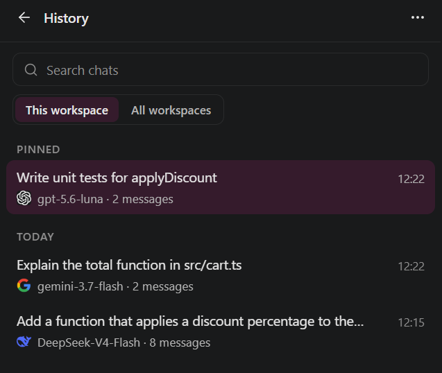 History: a search box, this workspace or all workspaces, and a pinned chat