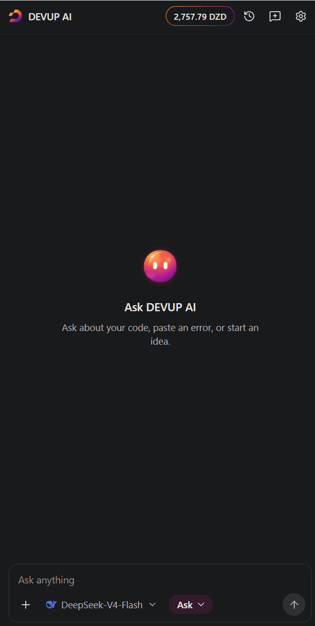 The DEVUP AI chat: a file attached with @, then a reply streaming in